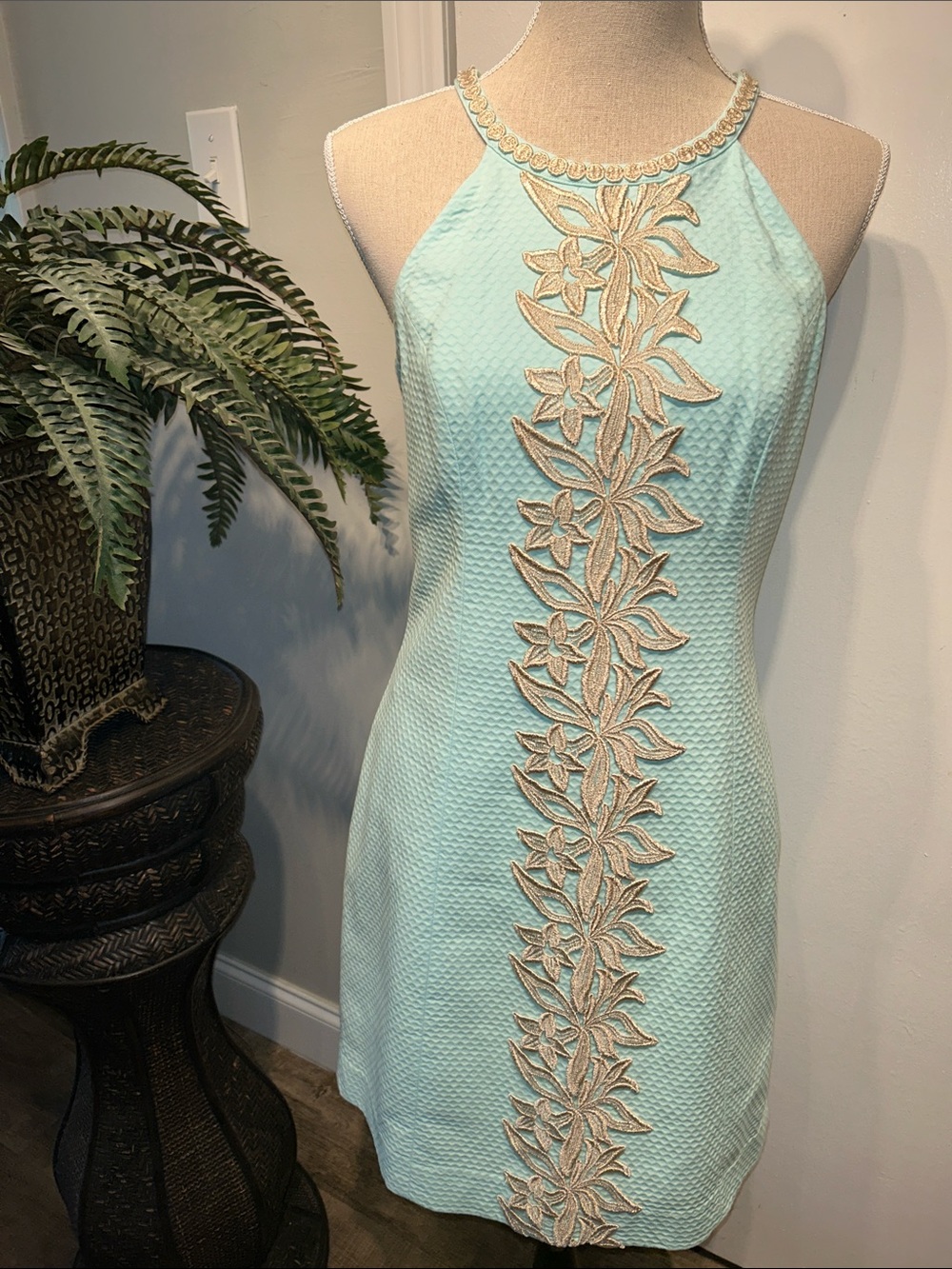 Lily Pulitzer in Whisper Blue Halter Dress with Embroidered Gold Trim